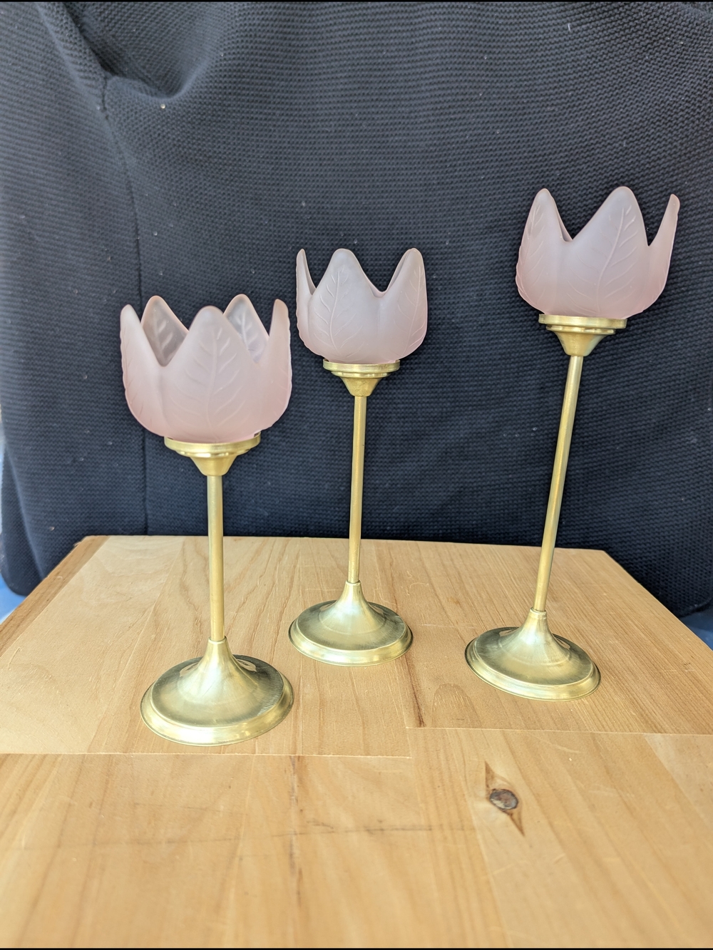 Rose Pink Tulip Glass Candle Holders with Brass Stands - Picture 3 of 8